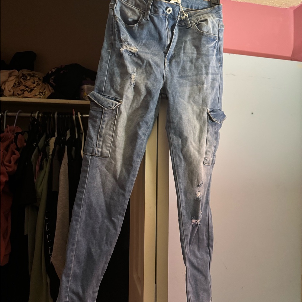 Distressed Light Blue Denim Cargo Jeans